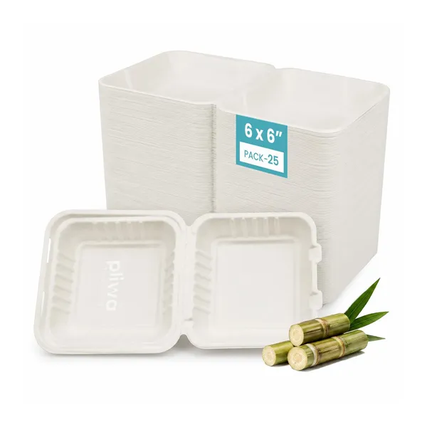 Pliwa_|_Disposable_Clamshell_|_Burger_Box_|_6x6_-_Pack_of_25_|_for_Takeaway_&_Food_Storage_|_Non_Toxic,_Compostable_|_Sturdy,_Microwave_Safe,_Leak-Resistant_|_Eco-Friendly_Square_Clamshell_(White)