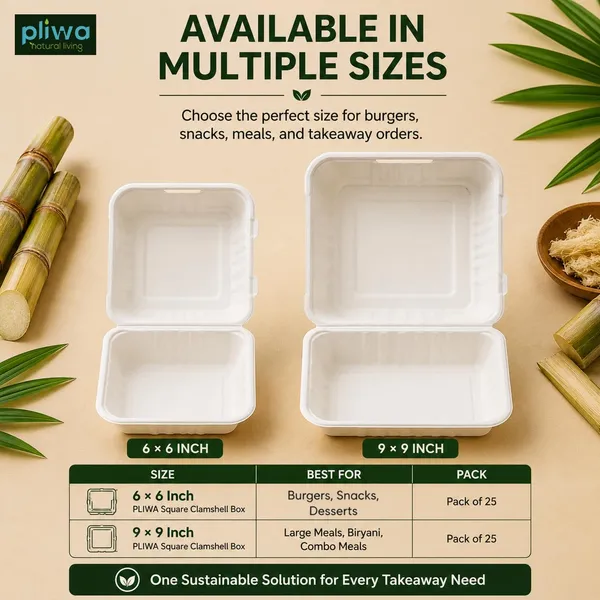 Pliwa_|_Disposable_Clamshell_|_Burger_Box_|_6x6_-_Pack_of_25_|_for_Takeaway_&_Food_Storage_|_Non_Toxic,_Compostable_|_Sturdy,_Microwave_Safe,_Leak-Resistant_|_Eco-Friendly_Square_Clamshell_(White)