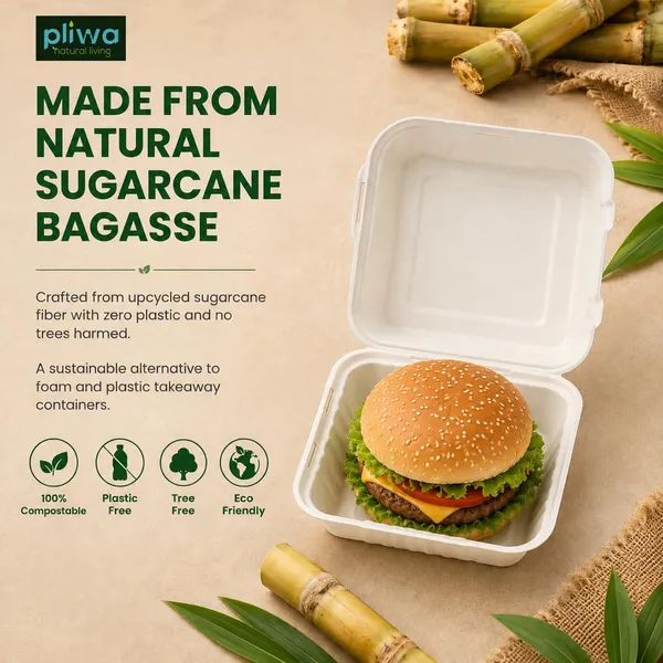 Pliwa_|_Disposable_Clamshell_|_Burger_Box_|_6x6_-_Pack_of_25_|_for_Takeaway_&_Food_Storage_|_Non_Toxic,_Compostable_|_Sturdy,_Microwave_Safe,_Leak-Resistant_|_Eco-Friendly_Square_Clamshell_(White)