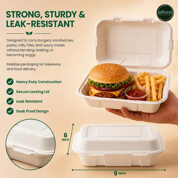Pliwa_|_Disposable_Clamshell_|_Burger_Box_|_9x6_-_Pack_of_25_|_for_Takeaway_&_Food_Storage_|_Non_Toxic,_Compostable_|_Sturdy,_Microwave_Safe,_Leak-Resistant_|_Eco-Friendly_Rectangular_Clamshell_(White)