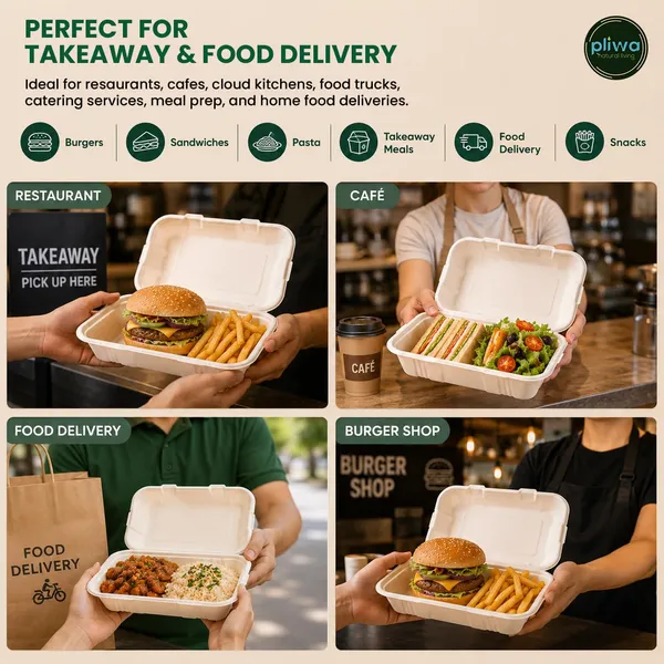 Pliwa_|_Disposable_Clamshell_|_Burger_Box_|_9x6_-_Pack_of_25_|_for_Takeaway_&_Food_Storage_|_Non_Toxic,_Compostable_|_Sturdy,_Microwave_Safe,_Leak-Resistant_|_Eco-Friendly_Rectangular_Clamshell_(White)