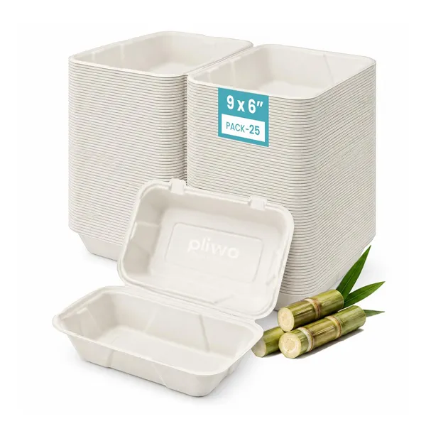 Pliwa_|_Disposable_Clamshell_|_Burger_Box_|_9x6_-_Pack_of_25_|_for_Takeaway_&_Food_Storage_|_Non_Toxic,_Compostable_|_Sturdy,_Microwave_Safe,_Leak-Resistant_|_Eco-Friendly_Rectangular_Clamshell_(White)