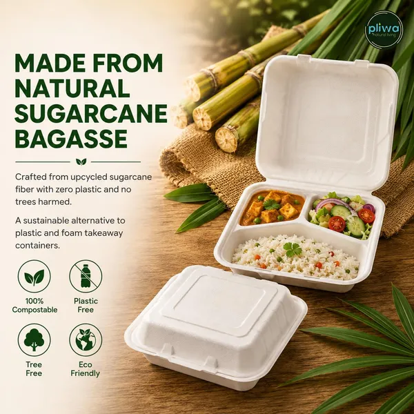 Pliwa_|_Disposable_Clamshell_|_Burger_Box_|_3_Compartment_|_9x9_-_Pack_of_25_|_for_Takeaway_&_Food_Storage_|_Non_Toxic,_Compostable_|_Sturdy,_Microwave_Safe,_Leak-Resistant_|_Eco-Friendly_Rectangular_Clamshell_(White)