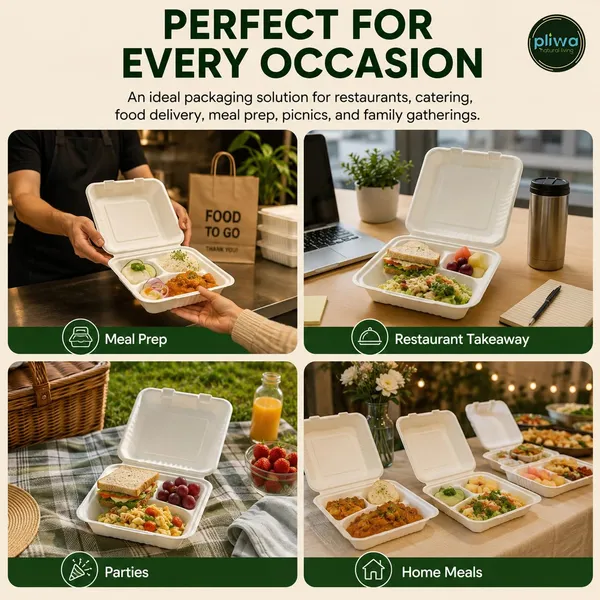 Pliwa_|_Disposable_Clamshell_|_Burger_Box_|_3_Compartment_|_9x9_-_Pack_of_25_|_for_Takeaway_&_Food_Storage_|_Non_Toxic,_Compostable_|_Sturdy,_Microwave_Safe,_Leak-Resistant_|_Eco-Friendly_Rectangular_Clamshell_(White)