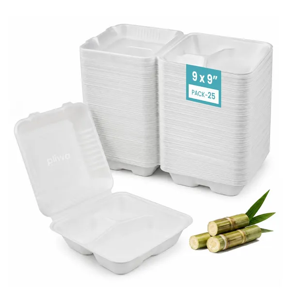 Pliwa_|_Disposable_Clamshell_|_Burger_Box_|_3_Compartment_|_9x9_-_Pack_of_25_|_for_Takeaway_&_Food_Storage_|_Non_Toxic,_Compostable_|_Sturdy,_Microwave_Safe,_Leak-Resistant_|_Eco-Friendly_Rectangular_Clamshell_(White)