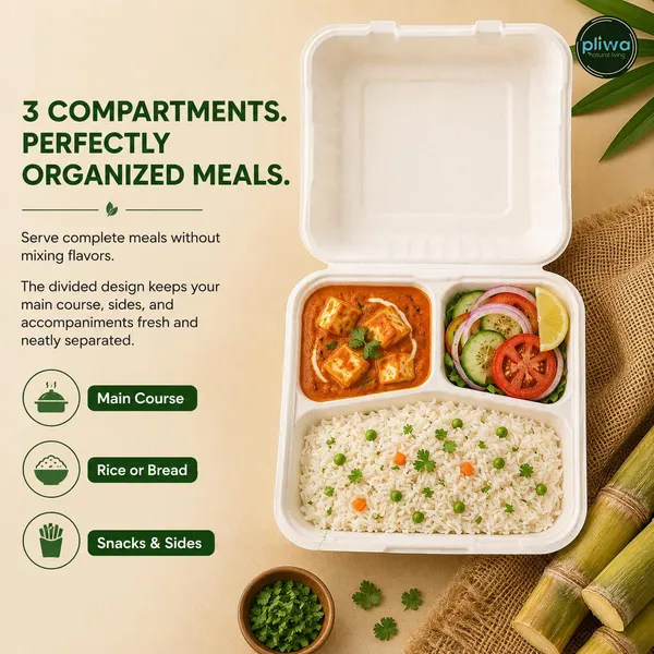 Pliwa_|_Disposable_Clamshell_|_Burger_Box_|_3_Compartment_|_9x9_-_Pack_of_25_|_for_Takeaway_&_Food_Storage_|_Non_Toxic,_Compostable_|_Sturdy,_Microwave_Safe,_Leak-Resistant_|_Eco-Friendly_Rectangular_Clamshell_(White)