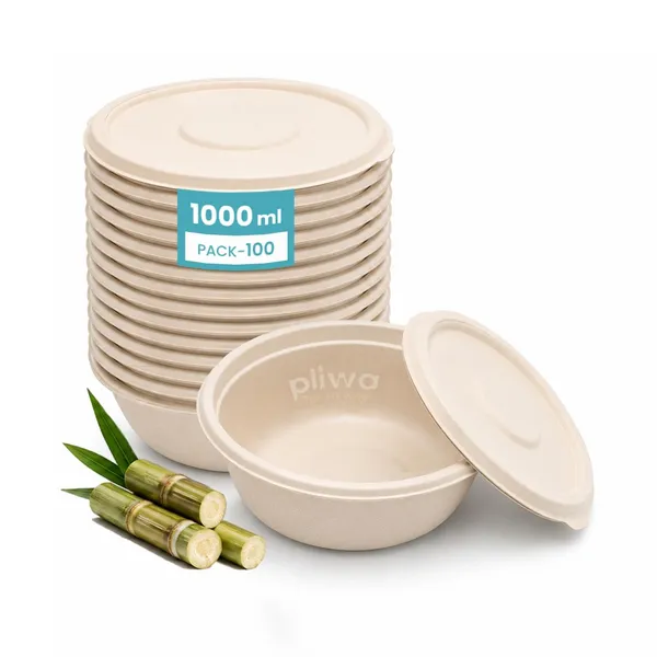 Pliwa_|_Disposable_Round_Container_with_Lid_|_1000_ml_-_Pack_of_25_|_for_Takeaway_&_Food_Storage_|_Sturdy,_Microwave_Safe,_Leak-Resistant_|_Sugarcane_Bagasse_Eco-Friendly_Round_Container_(B.White)