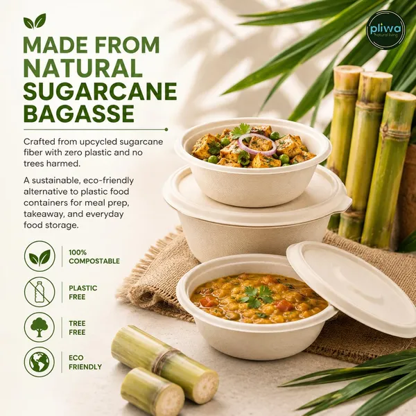 Pliwa_|_Disposable_Round_Container_with_Lid_|_750_ml_-_Pack_of_25_|_for_Takeaway_&_Food_Storage_|_Sturdy,_Microwave_Safe,_Leak-Resistant_|_Sugarcane_Bagasse_Eco-Friendly_Round_Container_(B.White)