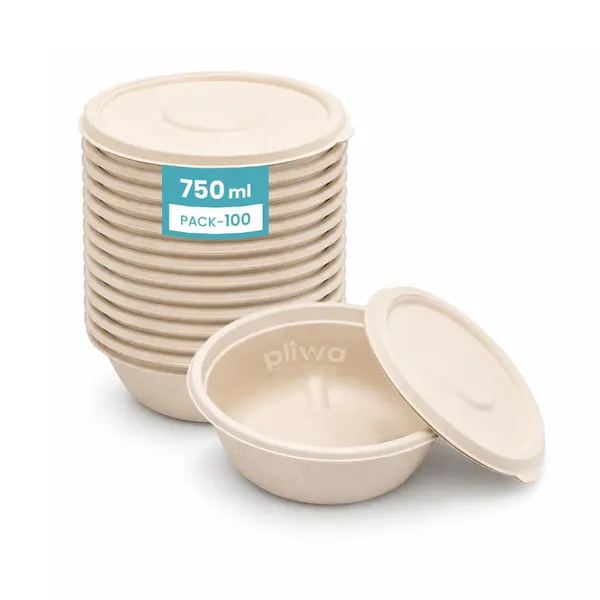 Pliwa_|_Disposable_Round_Container_with_Lid_|_750_ml_-_Pack_of_25_|_for_Takeaway_&_Food_Storage_|_Sturdy,_Microwave_Safe,_Leak-Resistant_|_Sugarcane_Bagasse_Eco-Friendly_Round_Container_(B.White)