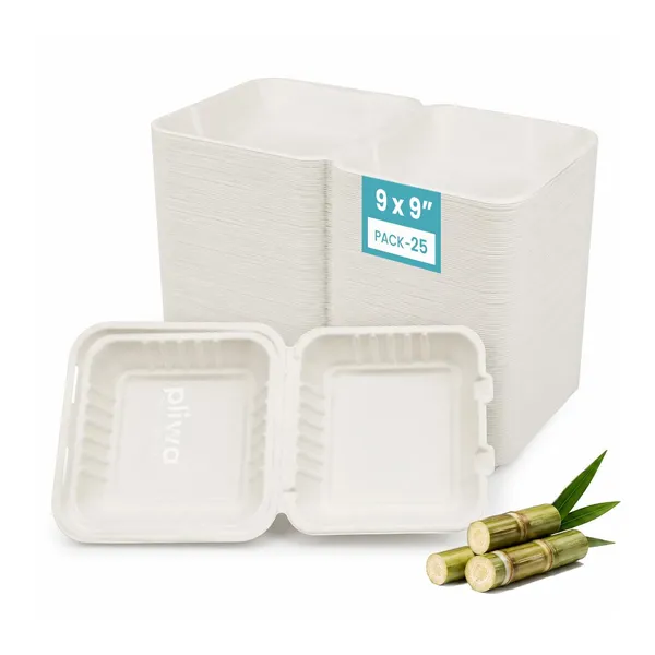 Pliwa_|_Disposable_Clamshell_|_Burger_Box_|_9x9_-_Pack_of_25_|_for_Takeaway_&_Food_Storage_|_Non_Toxic,_Compostable_|_Sturdy,_Microwave_Safe,_Leak-Resistant_|_Eco-Friendly_Square_Clamshell_(White)