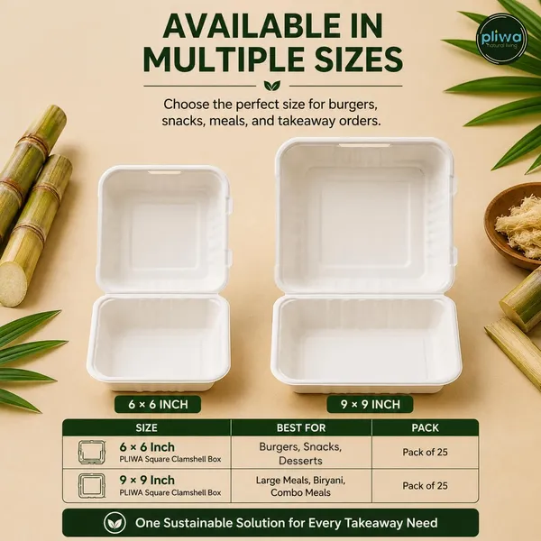 Pliwa_|_Disposable_Clamshell_|_Burger_Box_|_9x9_-_Pack_of_25_|_for_Takeaway_&_Food_Storage_|_Non_Toxic,_Compostable_|_Sturdy,_Microwave_Safe,_Leak-Resistant_|_Eco-Friendly_Square_Clamshell_(White)