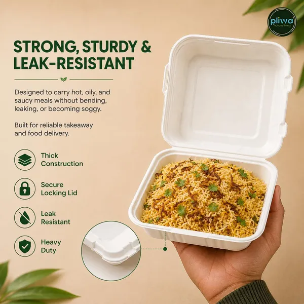 Pliwa_|_Disposable_Clamshell_|_Burger_Box_|_9x9_-_Pack_of_25_|_for_Takeaway_&_Food_Storage_|_Non_Toxic,_Compostable_|_Sturdy,_Microwave_Safe,_Leak-Resistant_|_Eco-Friendly_Square_Clamshell_(White)