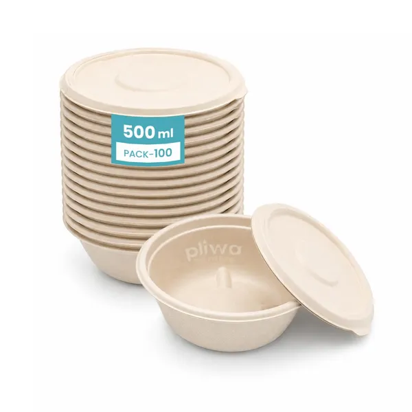 Pliwa_|_Disposable_Round_Container_with_Lid_|_500_ml_-_Pack_of_25_|_for_Takeaway_&_Food_Storage_|_Sturdy,_Microwave_Safe,_Leak-Resistant_|_Sugarcane_Bagasse_Eco-Friendly_Round_Container_(B.White)