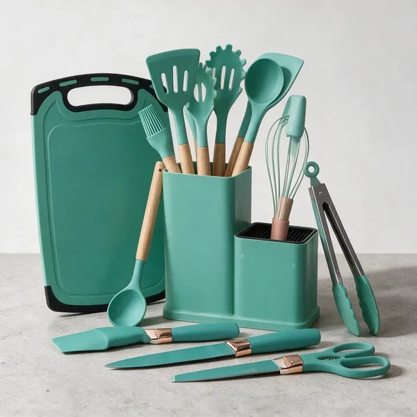 Plastic,_Silicon_And_Wood_Handle_Kitchen_Tools_Set_With_Holder,_premium_quality