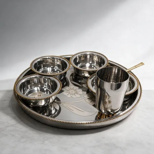 Two_tone_Stainless_Steel_Floral_Print_7pc_Thali_Set