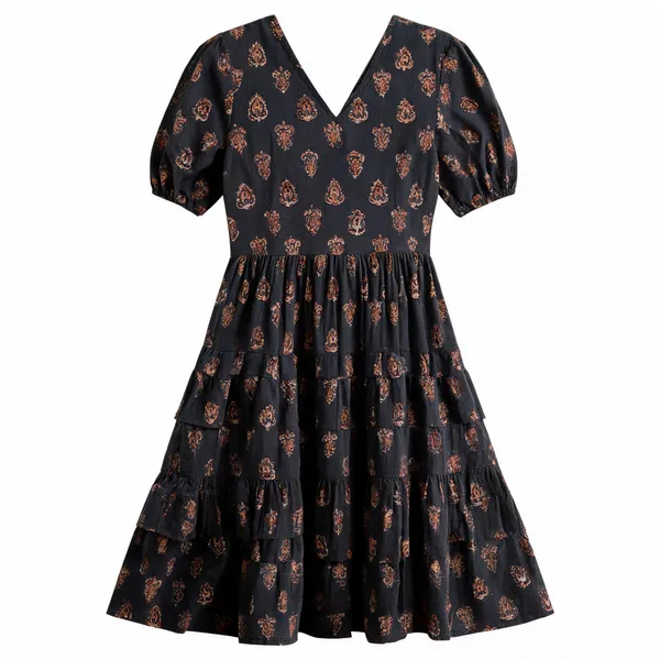 Black_Cotton_Floral_Print_Puff_Sleeve_Fit_And_Flare_Dress_For_Women