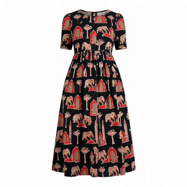 Black_Cotton_Traditional_Print_Fit_And_Flare_Dress_For_Women