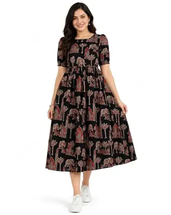 Qwiklick_Women_S_Cotton_Printed_Midi_Dress_Ethnic_Kalamkari_Print_Puff_Sleeve_Casual_Fit_Flare_Round_Neck