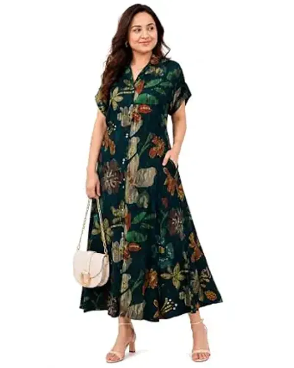 Women_S_Dark_Teal_Floral_Printed_Midi_Shirt_Dress_Button_Down_Collared_A_Line_Dress