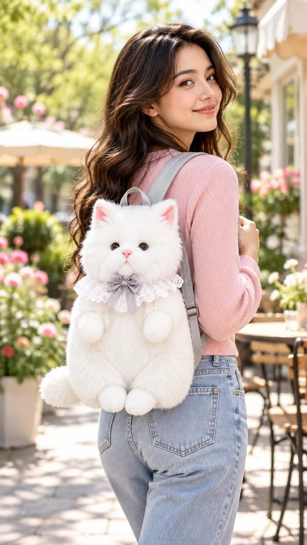 White_Plush_Cat_Character_Backpack_For_Women