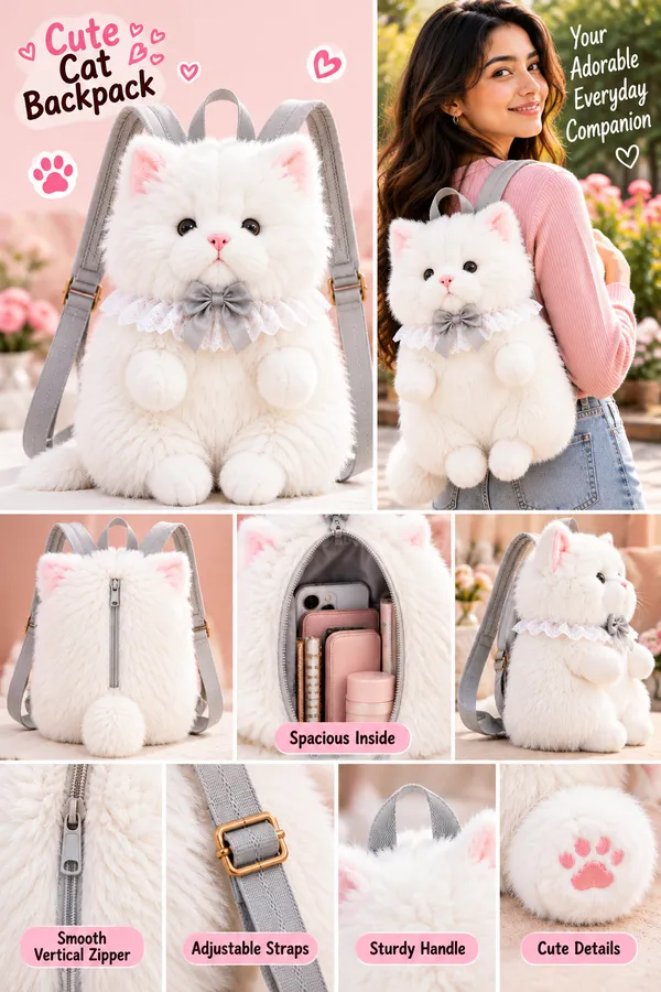 White_Plush_Cat_Character_Backpack_For_Women