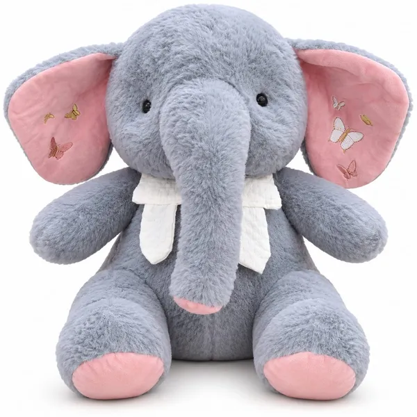 Fluffy_Elephant_Soft_Toy_with_Pink_Ears_&_Bow_(Grey)