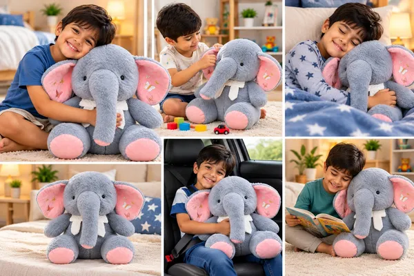 Fluffy_Elephant_Soft_Toy_with_Pink_Ears_&_Bow_(Grey)