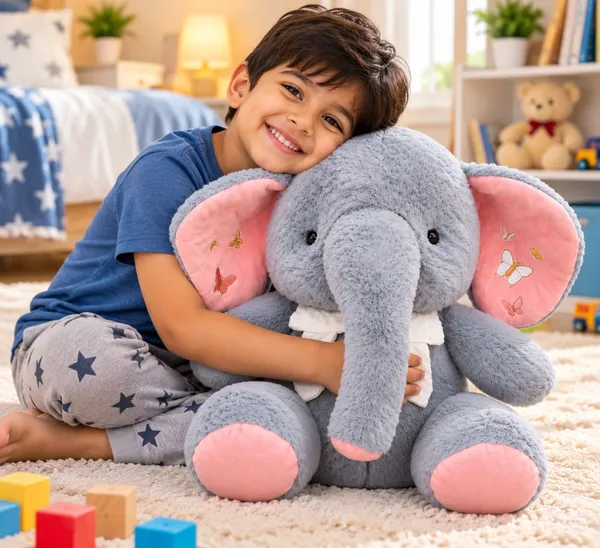 Fluffy_Elephant_Soft_Toy_with_Pink_Ears_&_Bow_(Grey)