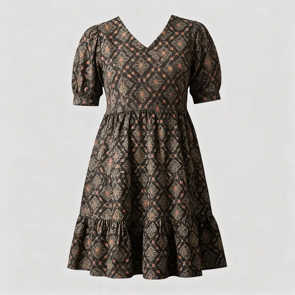 Brown_Cotton_Traditional_Print_Fit_And_Flare_Dress_For_Women