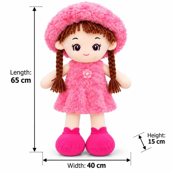 Super_soft_and_huggable,_this_charming_pink_plush_doll_features_a_trendy_fuzzy_bucket_hat_and_braided_hair—making_it_an_ideal_cuddly_gift_for_kids_and_collectors.