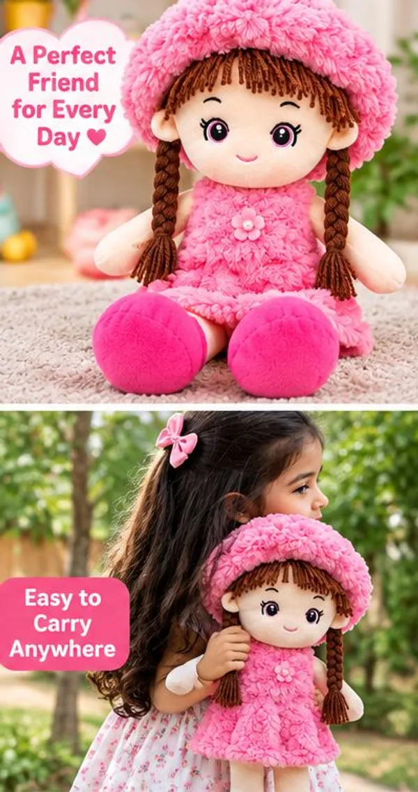 Super_soft_and_huggable,_this_charming_pink_plush_doll_features_a_trendy_fuzzy_bucket_hat_and_braided_hair—making_it_an_ideal_cuddly_gift_for_kids_and_collectors.