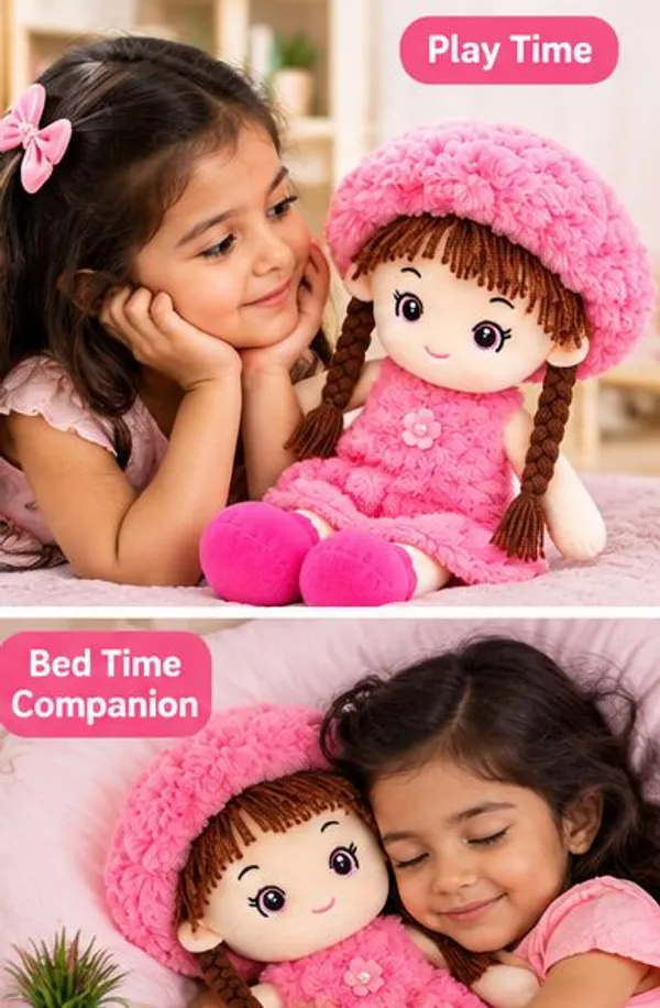 Super_soft_and_huggable,_this_charming_pink_plush_doll_features_a_trendy_fuzzy_bucket_hat_and_braided_hair—making_it_an_ideal_cuddly_gift_for_kids_and_collectors.