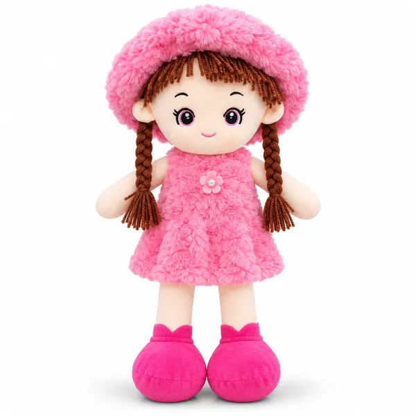 Super_soft_and_huggable,_this_charming_pink_plush_doll_features_a_trendy_fuzzy_bucket_hat_and_braided_hair—making_it_an_ideal_cuddly_gift_for_kids_and_collectors.