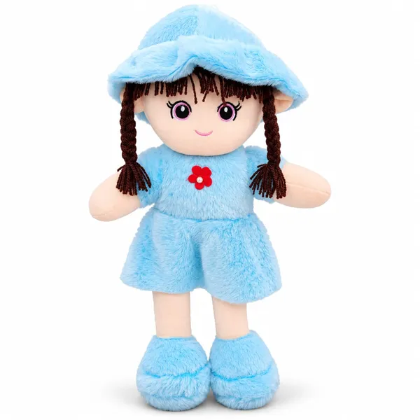 Super_soft_and_huggable,_this_charming_sky-blue_plush_doll_features_a_trendy_fuzzy_bucket_hat_and_braided_hair—making_it_an_ideal_cuddly_gift_for_kids