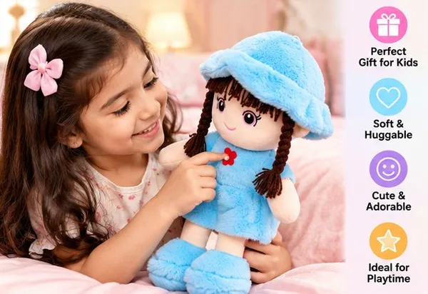 Super_soft_and_huggable,_this_charming_sky-blue_plush_doll_features_a_trendy_fuzzy_bucket_hat_and_braided_hair—making_it_an_ideal_cuddly_gift_for_kids