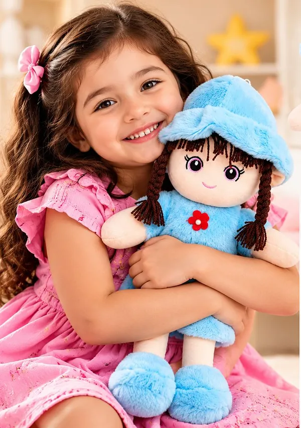 Super_soft_and_huggable,_this_charming_sky-blue_plush_doll_features_a_trendy_fuzzy_bucket_hat_and_braided_hair—making_it_an_ideal_cuddly_gift_for_kids