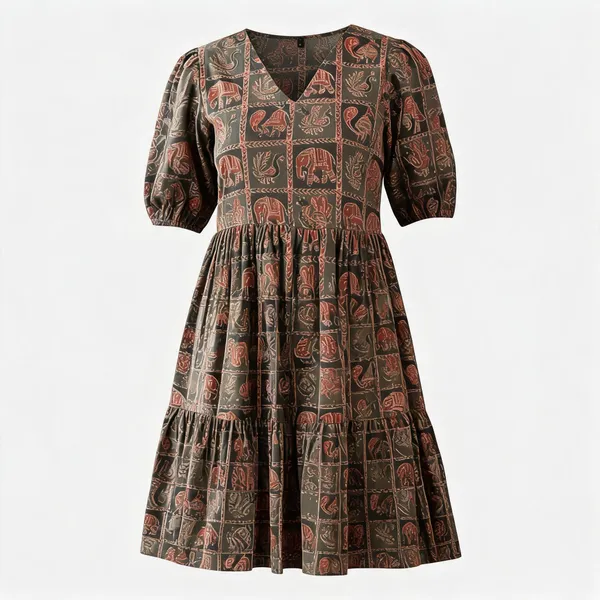 Brown_Cotton_Geometric_Floral_Fit_And_Flare_Dress_For_Women
