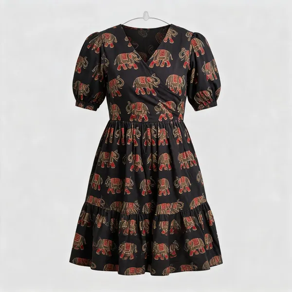 Black_Cotton_Printed_Puff_Sleeve_Fit_And_Flare_Dress_For_Women