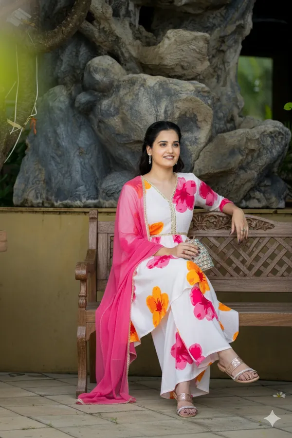 White_Georgette_Flared_Floral_Print_Kurta_Palazzo_Set_For_Women