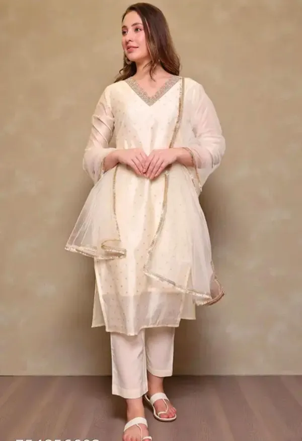 Cream_Chanderi_Silk_Straight_Kurta_Set_For_Women
