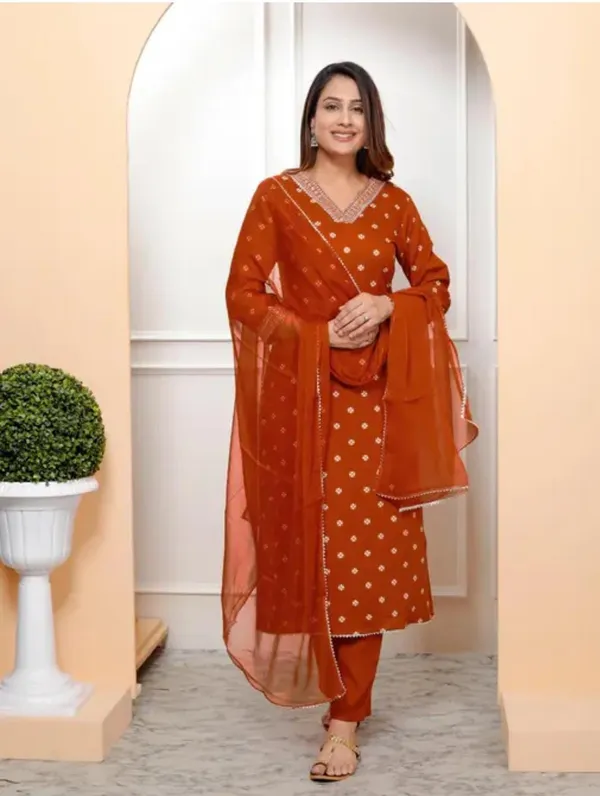 Rust_Rayon_Straight_Kurta_Set_With_Dupatta_For_Women