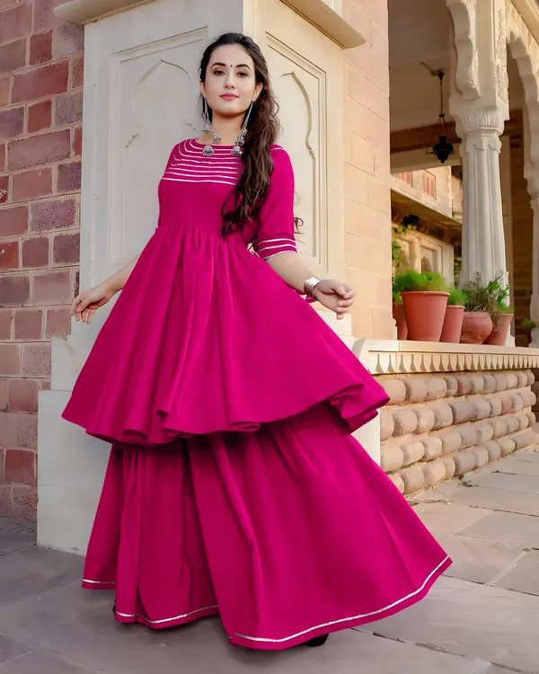 Magenta_Rayon_Flared_Striped_Anarkali_Kurta_Set_For_Women