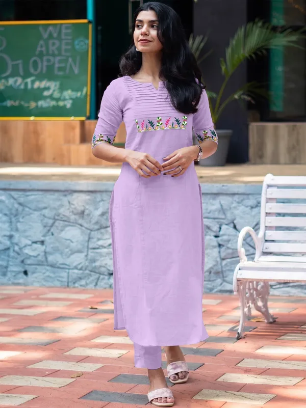 Lavender_Cotton_Straight_Fit_Embroidered_Kurta_Set_For_Women