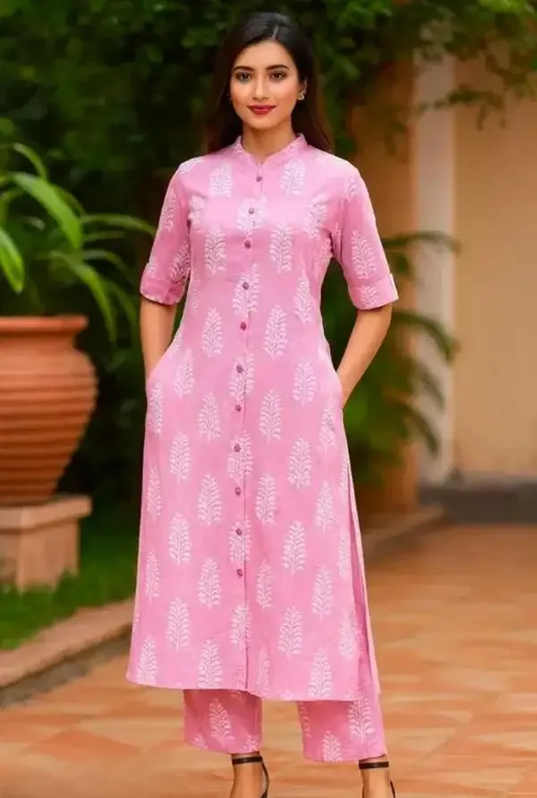 Pink_Cotton_Straight_Fit_Botanical_Print_Kurta_Set_For_Women
