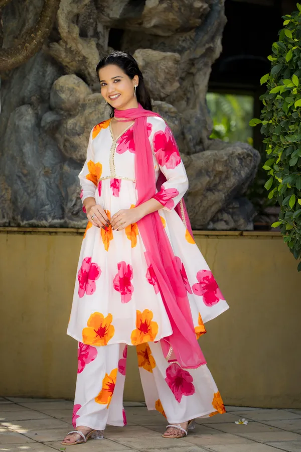 White_Georgette_Flared_Floral_Print_Kurta_Palazzo_Set_For_Women
