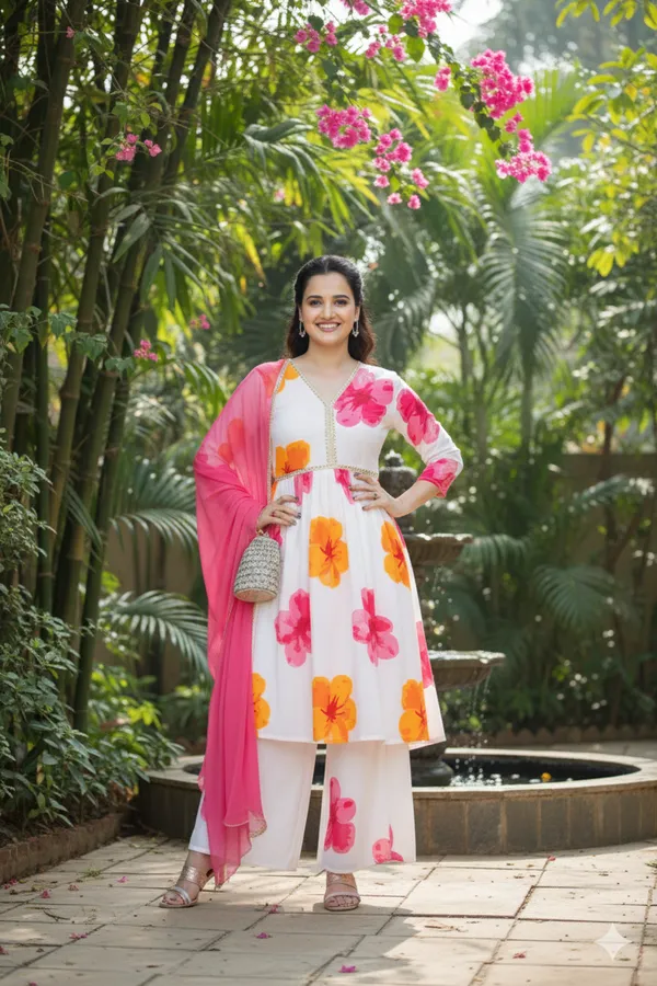 White_Georgette_Flared_Floral_Print_Kurta_Palazzo_Set_For_Women