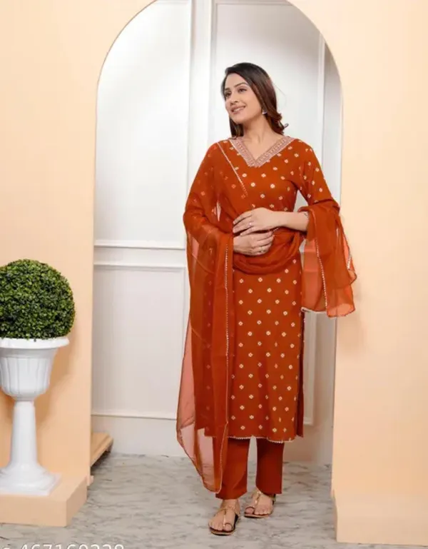 Rust_Rayon_Straight_Kurta_Set_With_Dupatta_For_Women