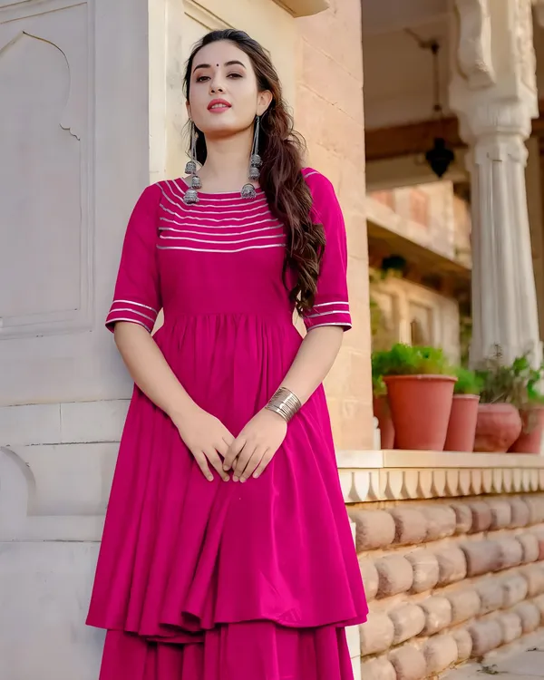 Magenta_Rayon_Flared_Striped_Anarkali_Kurta_Set_For_Women