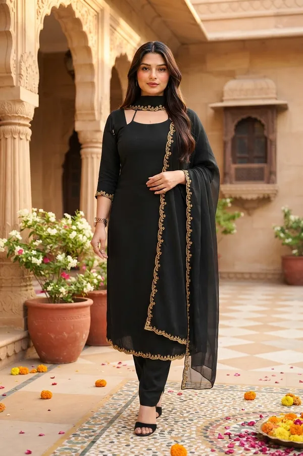 Black_Georgette_Straight_Fit_Embroidered_Kurta_Set_For_Women