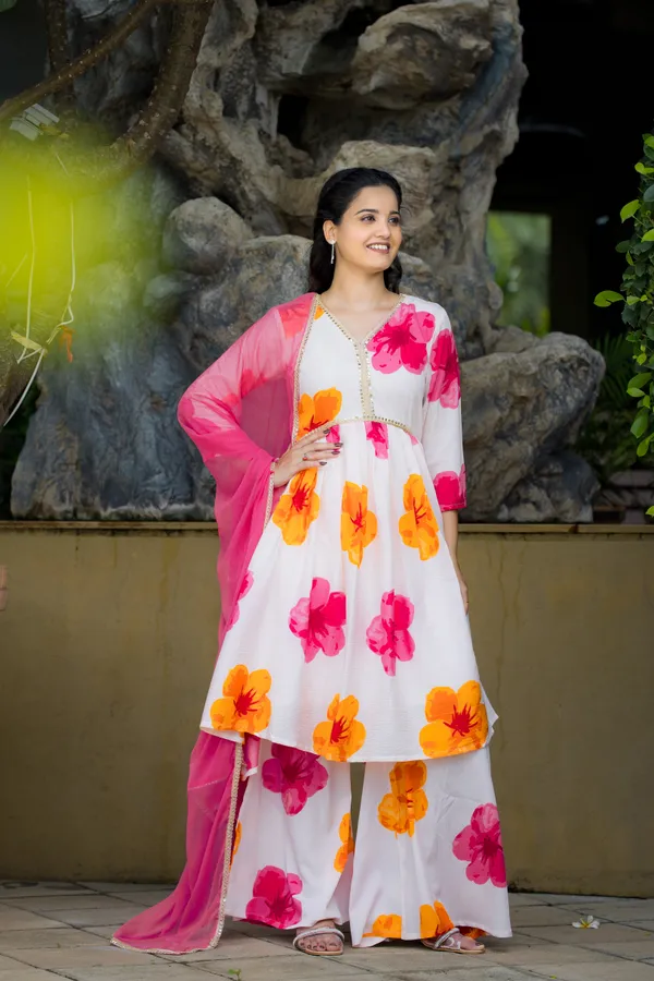 White_Georgette_Flared_Floral_Print_Kurta_Palazzo_Set_For_Women